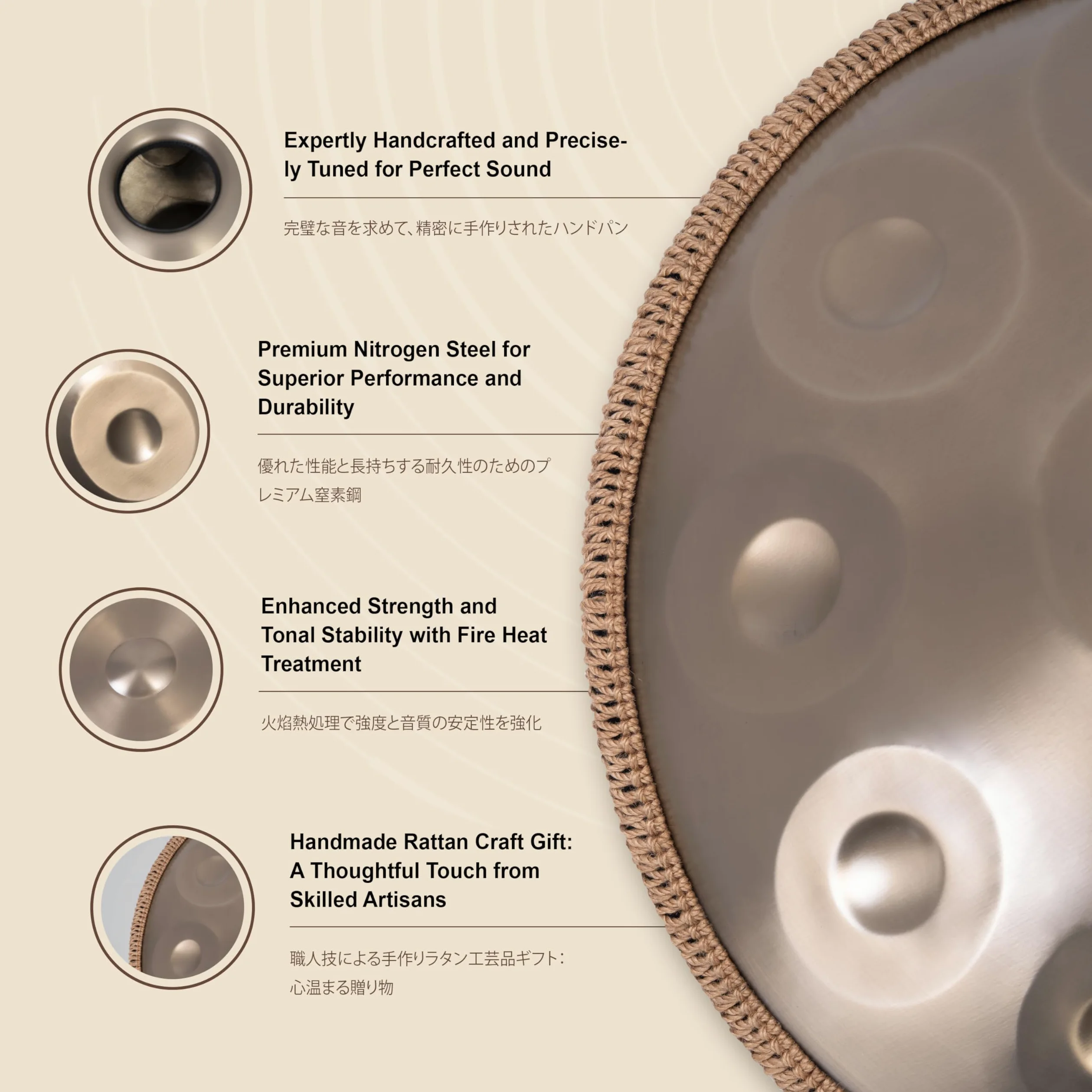 Handpan - Tamburo 55,9 cm, 9 note D Kurd 440 Hz, custodia morbida, bacchette, supporto, adesivi note, panno pulizia, video performance artista
