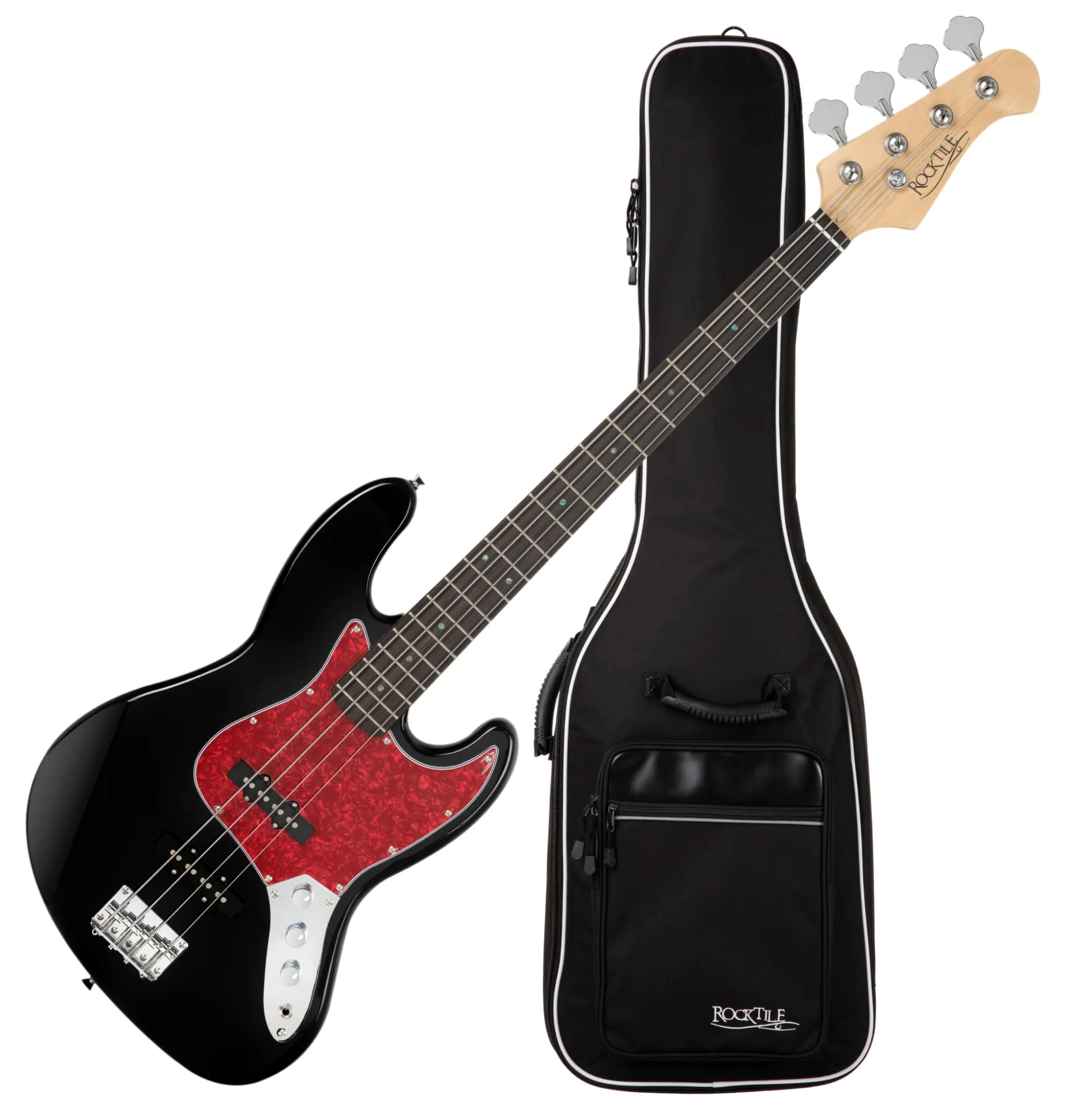 Rocktile Pro JB-30BK 70's Deluxe E-Bass Black Set incl. Gigbag, 20 tasti | Jazz-Style E-Bass, 2 Single-Coil Pickup, 2 controlli volume/ 1 controllo tono, Tastiera: Engineered Wood, Manico: Acero, 5 mm