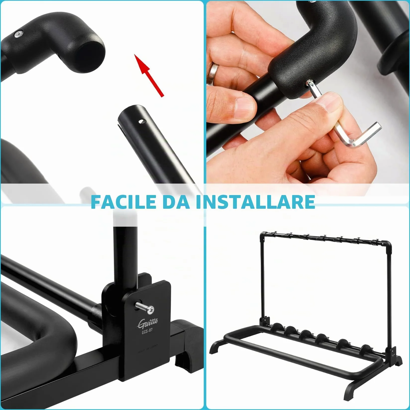 GUITTO - Supporto pieghevole universale per più chitarre, portatile, per basso e chitarra acustica, per banda e palcoscenico, 7 supporti GGS-11