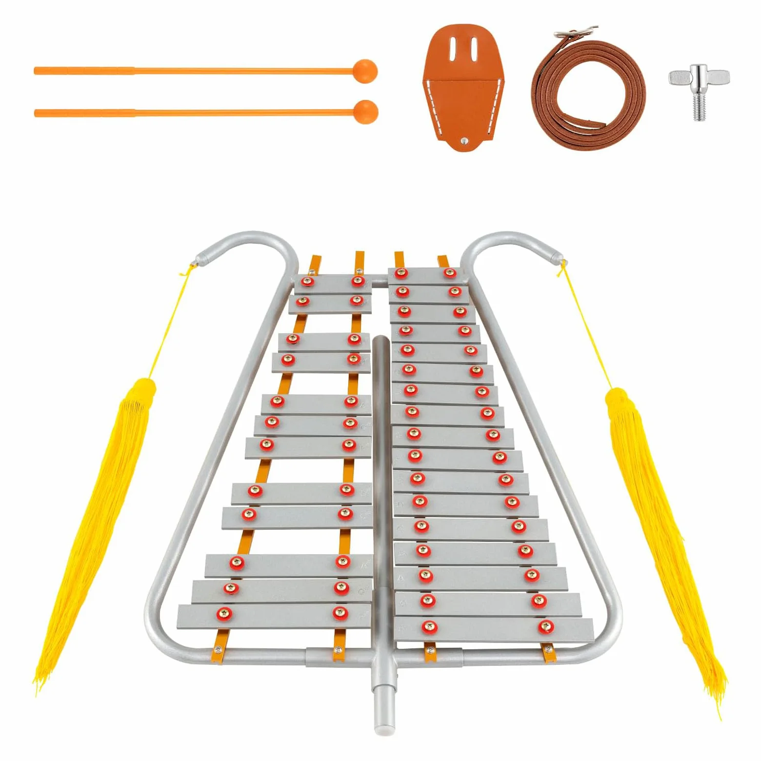 RELAX4LIFE Xilofono Glockenspiel da 29 Note, con Tasti in Alluminio, Tracolla in Pelle Regolabile e 2 Bacchette per Parate, Strumento a Percussione Leggero e Portatile per Principianti