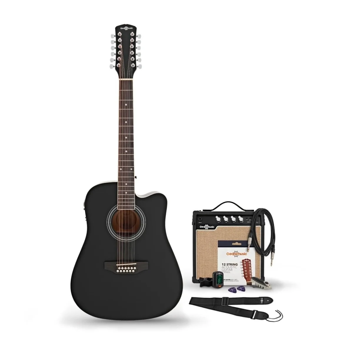 Kit Chitarra Elettroacustica 12 Corde Nera con Ampli | Preamplificatore completo con EQ 3 bande e controllo presenza, per principianti e suonatori esperti