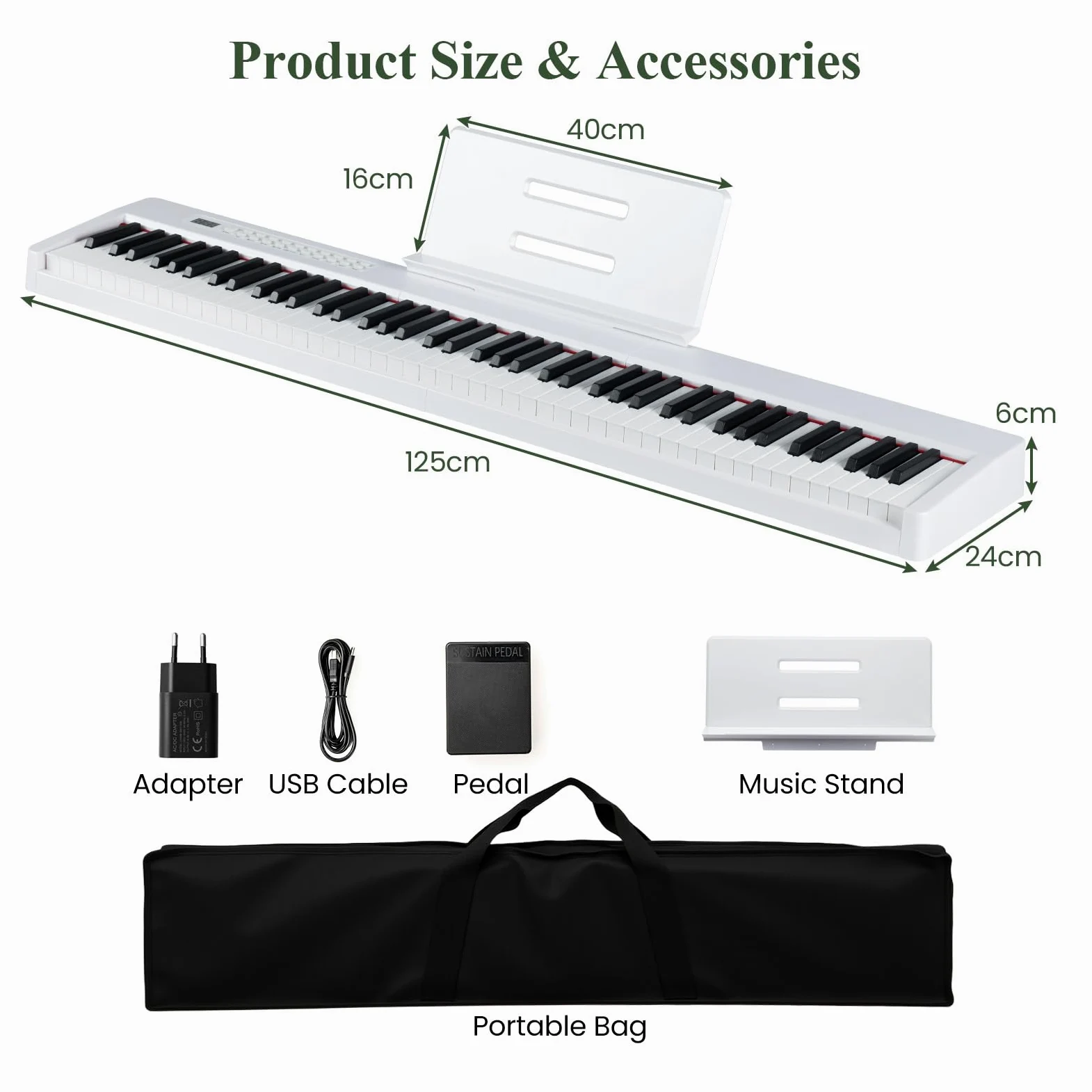 KOMFOTTEU Pianoforte digitale a 88 tasti, tastiera per pianoforte con 380 suoni, 128 ritmi, 88 demo, MIDI, pedale, pianoforte elettrico portatile con supporto per musica, borsa da trasporto (bianco)