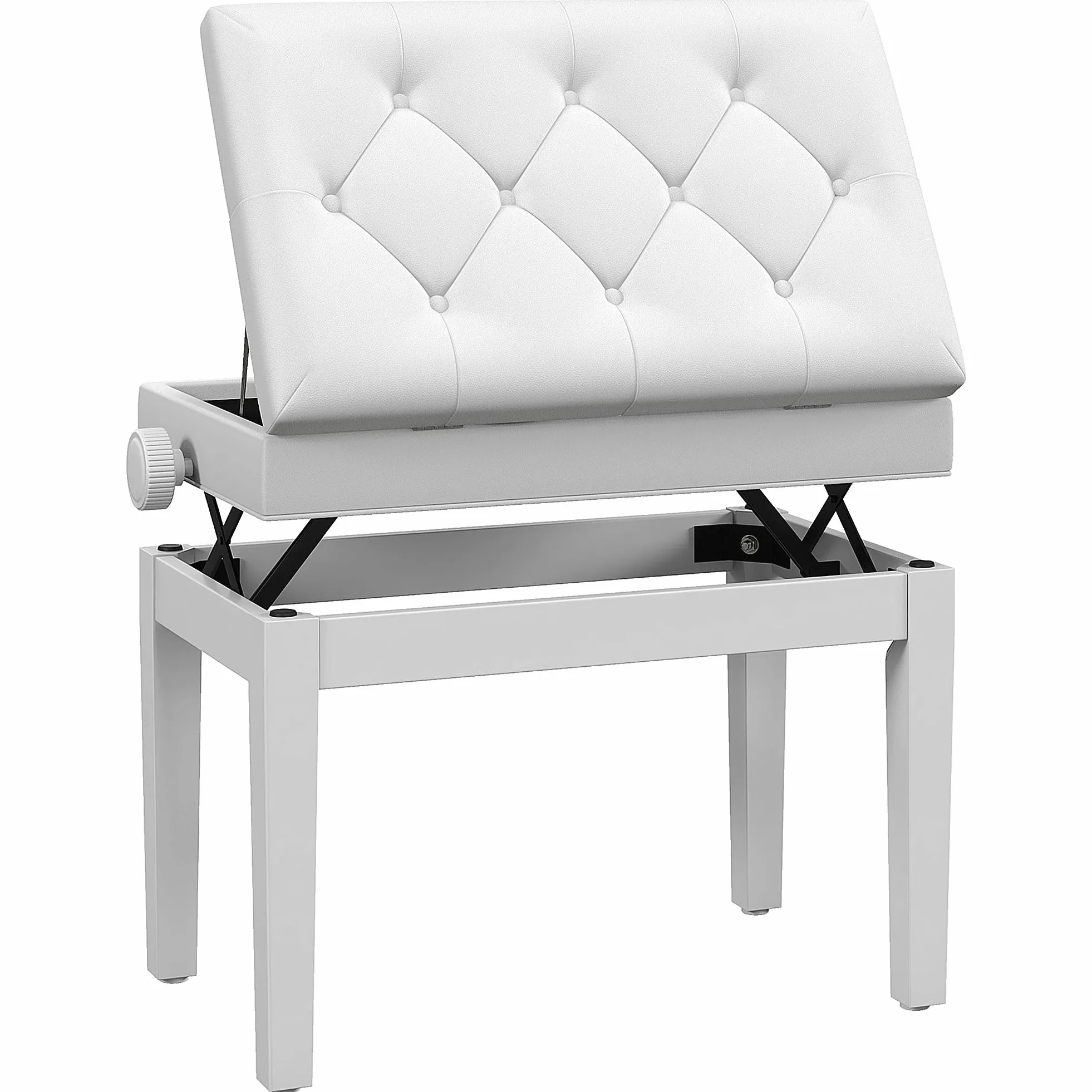 HOMCOM Sgabello Pianoforte con Altezza Regolabile 48-58 cm 200 kg Bianco | Panca Pianoforte, Vano Contenitore, Seduta Imbottita, Pelle PU, Gambe Legno di Caucciù, per Tastiera, per Pianola