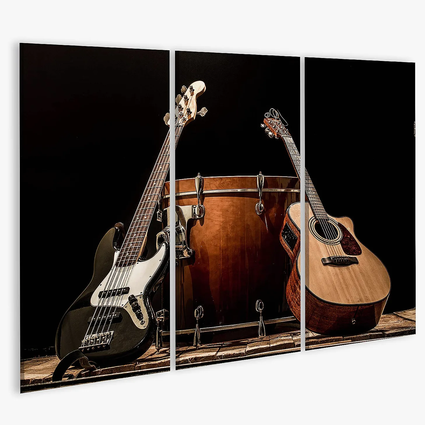 islandburner Quadro su tela Strumenti musicali Bass Drum Barrel Chitarra acustica Basso Nero Sfondo Concetto di musica Stampe Arte Poster Murale