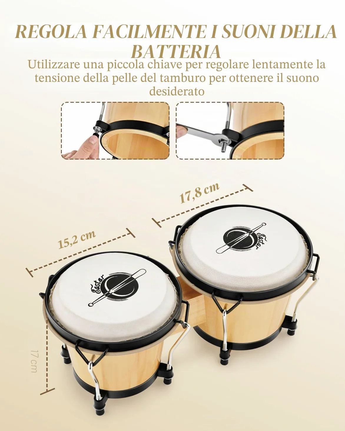 Eastar Bongo Drum 6” + 7” Per Adulti Bambini Principianti Professionisti Strumenti a Percussione Accordabili In Legno Tiglio EBO-1 naturale