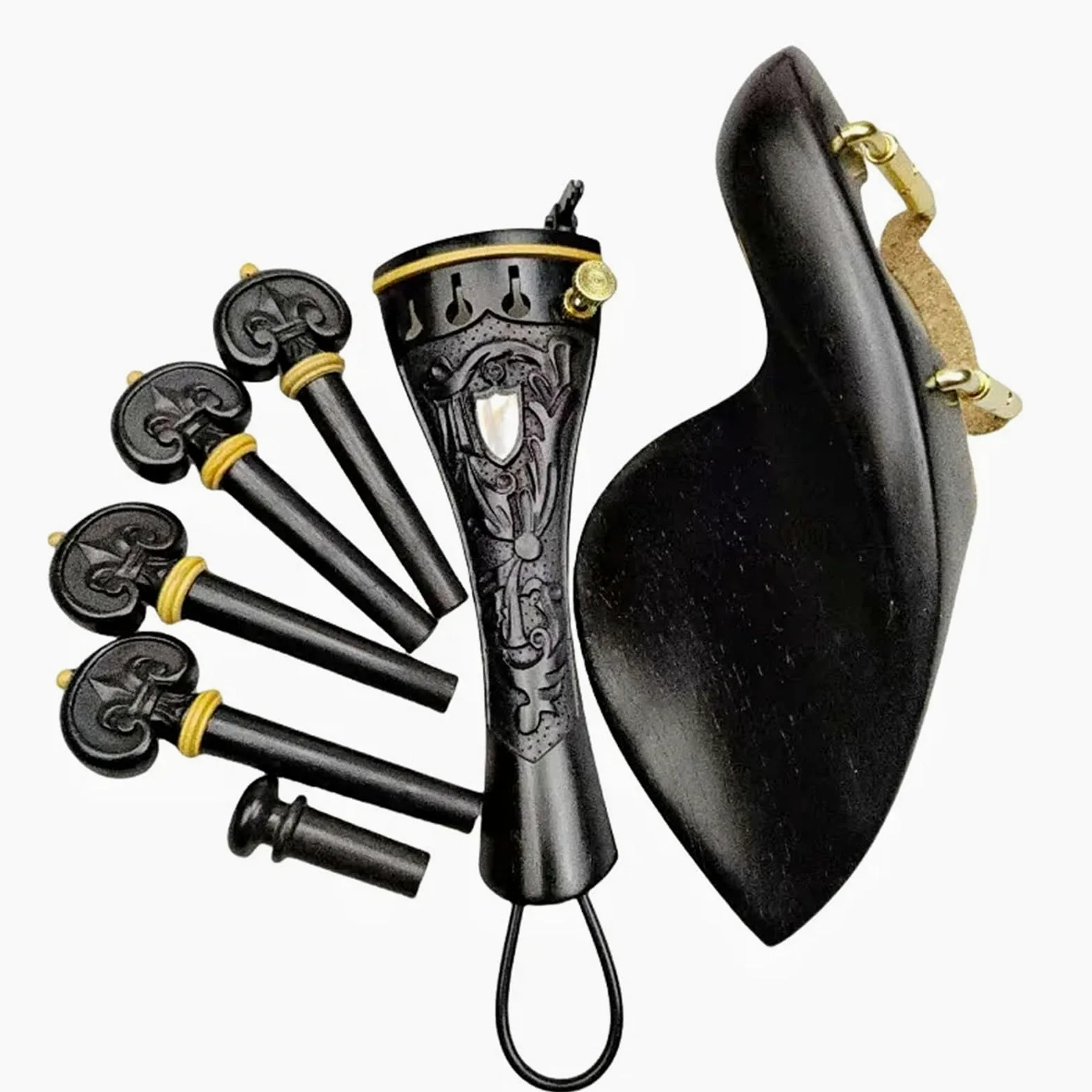 Piroli Accordatura Violino Set di ebano con motivi intagliati, accessori for violino, pirolo, cordiera, mentoniera, puntale, vite installata, accordatore fine, budello