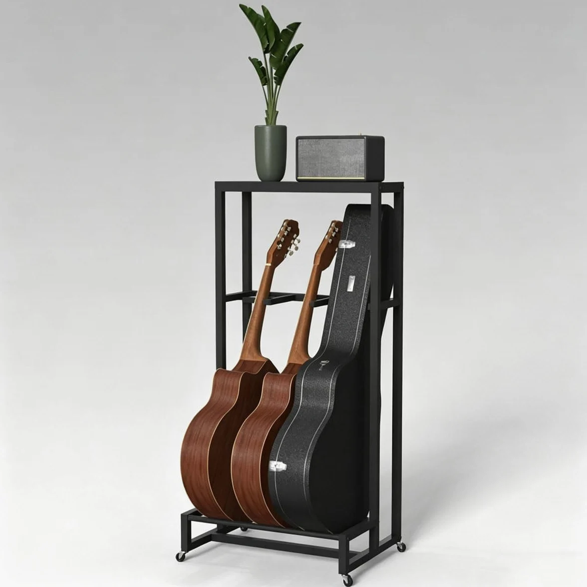 Supporto mobile in metallo per chitarre e accessori per amplificatori | Ospita 3 strumenti a corda, con ripiano superiore, ideale per studi musicali domestici