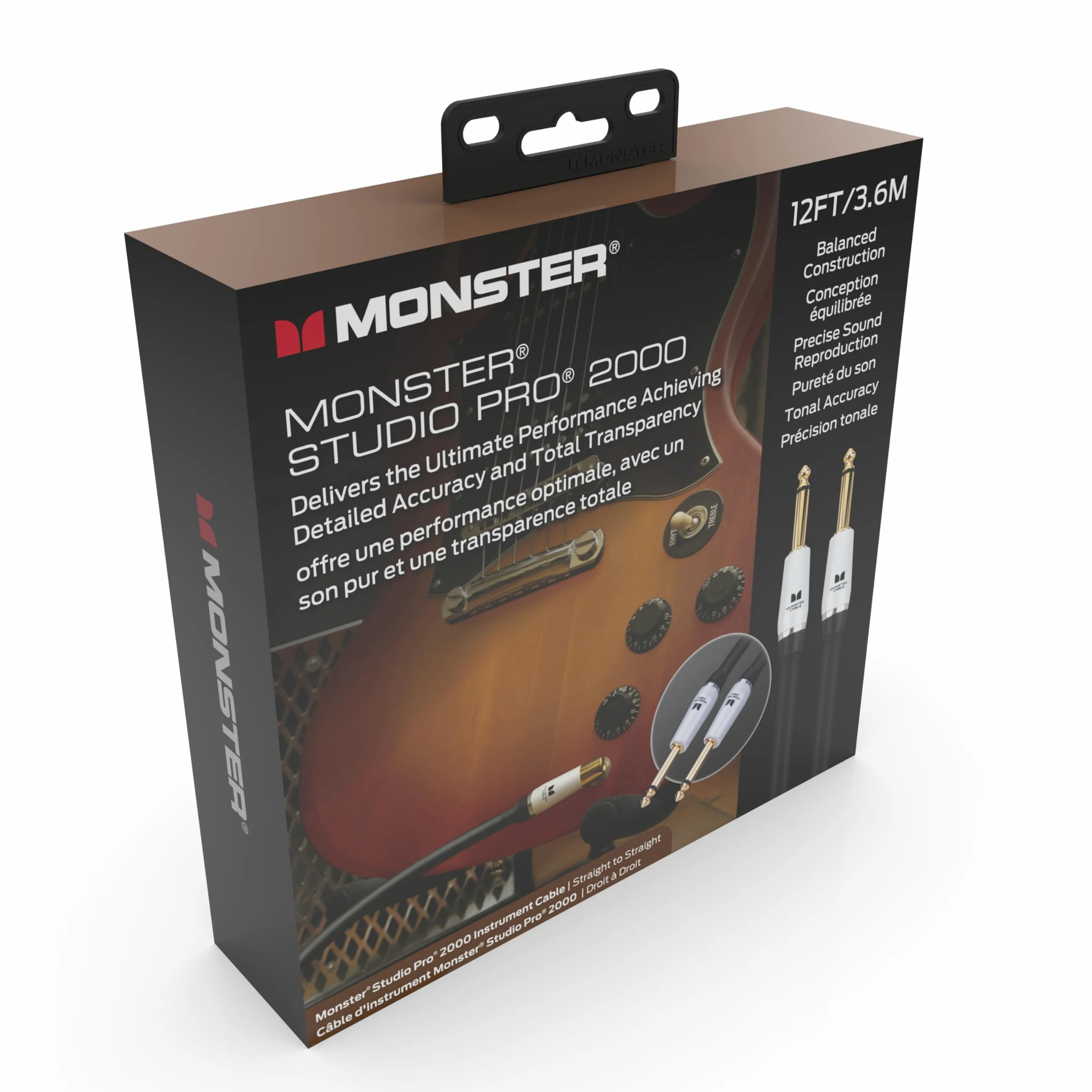 Monster Prolink Studio Pro 2000 - Cavo per strumenti da 3,7 m dritto a dritto, corda per chitarra elettrica intrecciata in rame 95%, rivestimento protettivo Duraflex con contatti in oro 24k
