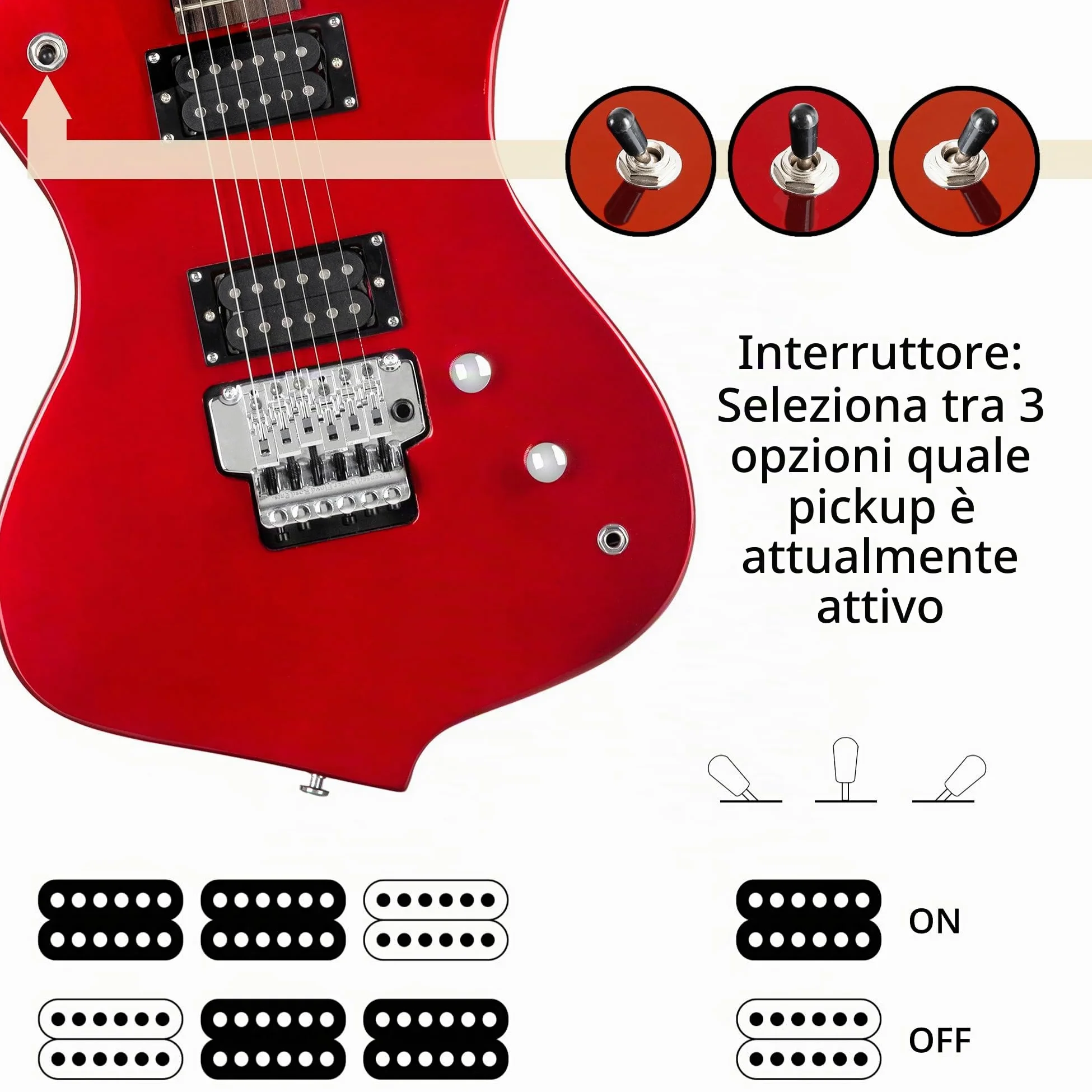 Rocktile Sidewinder E-Guitar, Modello: Sidewinder, Corpo: Tiglio, Scala: 25 | Manico: Acero avvitato, 2 Humbucker Pickup, 22 Tasti Medium Jumbo, 5" (648 mm), Tastiera: legno duro selezionato, Inlay: Dot