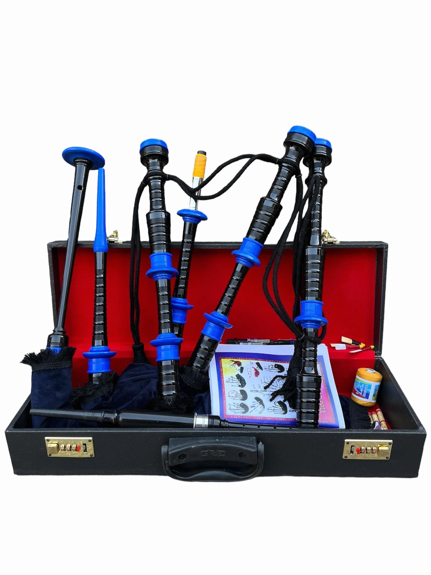 Cornamusa professionale in velluto blu con supporti in palissandro e custodia