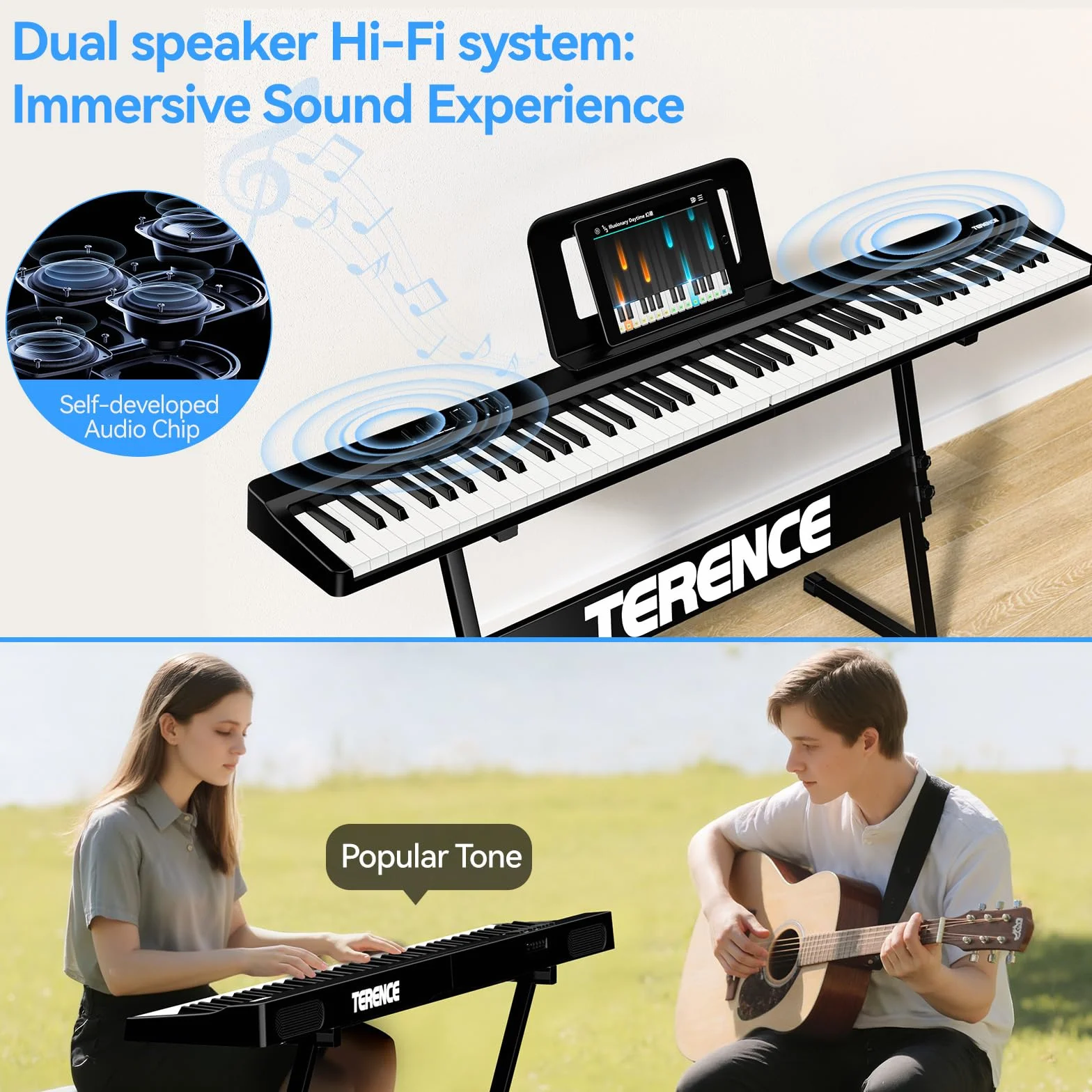 Pianoforte digitale portatile con supporto a Z TERENCE, tastiera per pianoforte semi-pesata a 88 tasti per principianti ed esperti funzione di registrazione audio integrata interfaccia MIDI Bluetooth