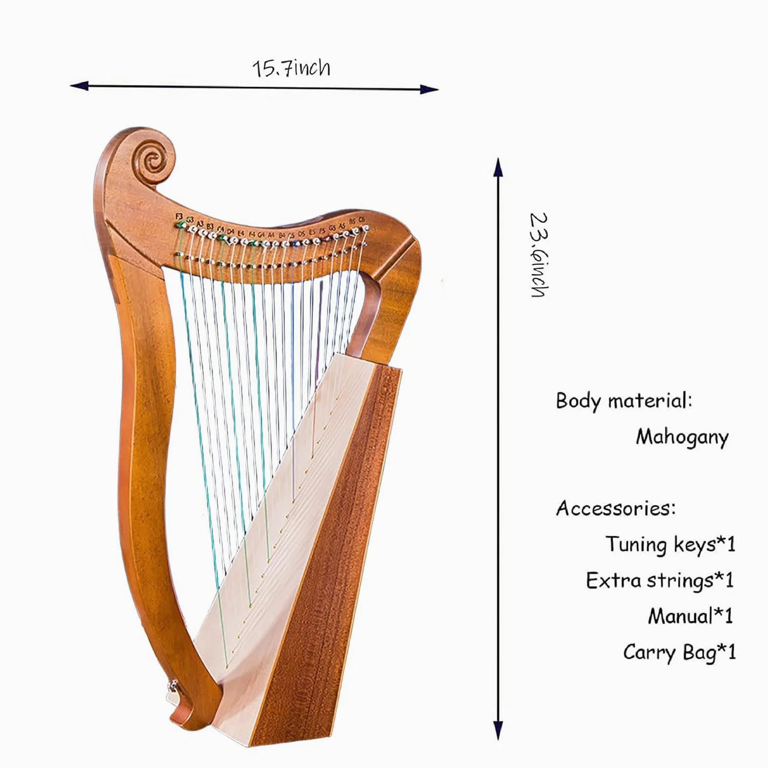 Lira in legno a 19 corde, in mogano massiccio, con chiave per accordatura e custodia, strumento musicale perfetto per principianti e amanti della musica