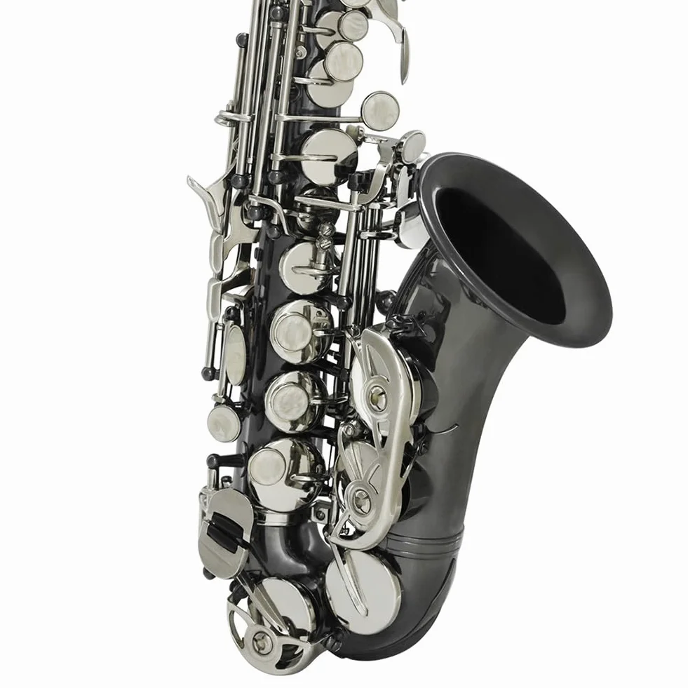 Sassofono soprano curvo in Si bemolle for studenti principianti principianti, sax si bemolle con custodia, bocchino, pastiglie, ance, kit di pulizia, tracolla, guanti bianchi