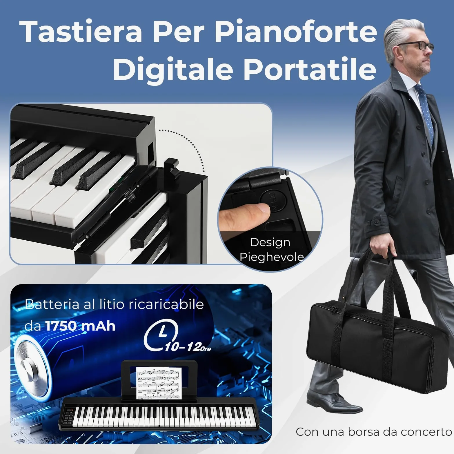 RELAX4LIFE Tastiera Pianoforte Digitale 61 Tasti, Pieghevole Portatile con Custodia, Bluetooth MIDI/Audio, Tasti Sensibili, Batteria 1750mAh, per Principianti Bambini Adulti