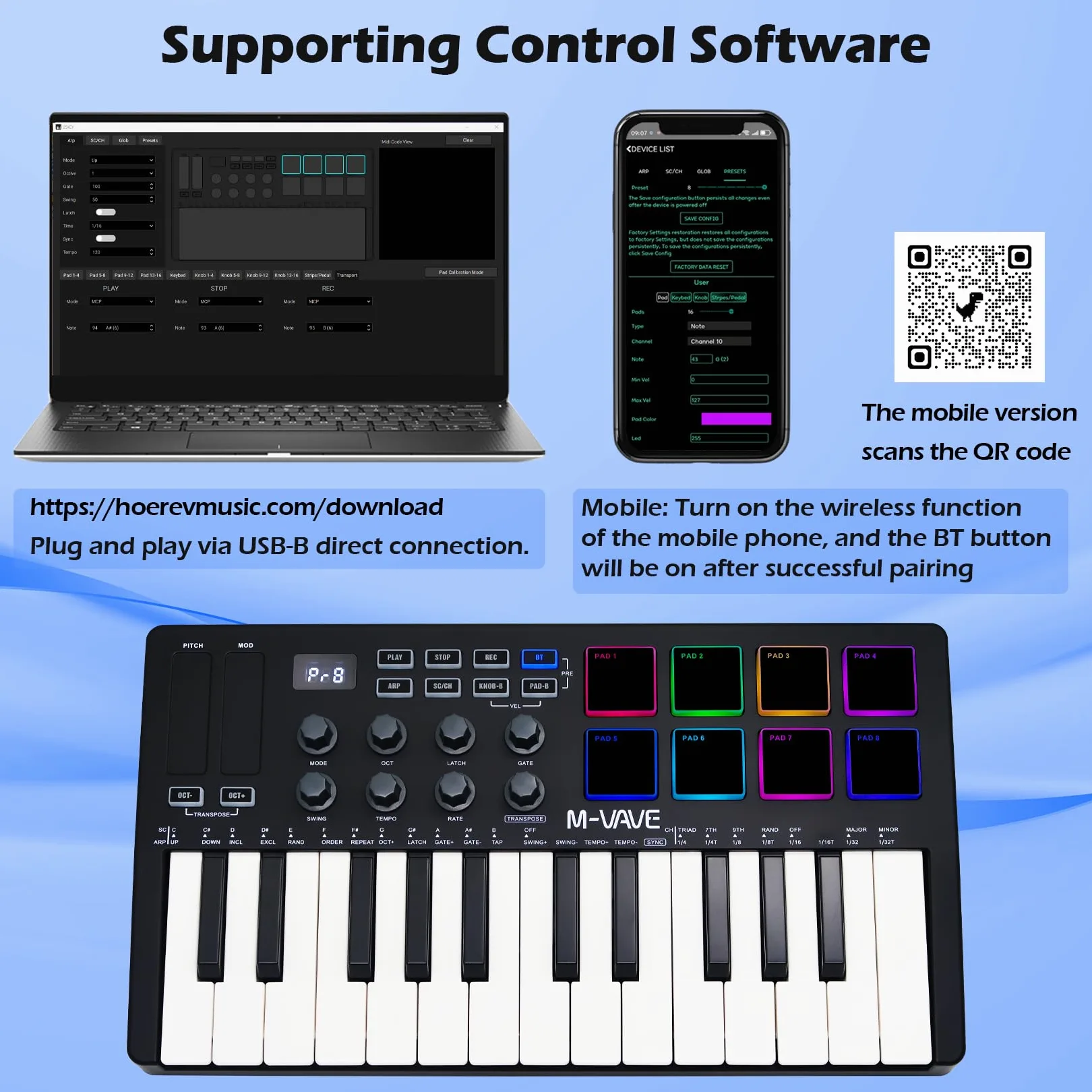 M-VAVE 25 tasti 8 retroilluminati Drum Pads Tastiera MIDI - Beat Maker professionale e Keytar per la produzione musicale Tastiera Batteria integrata Connessione wireless, Nero, MIDI 8 PADS