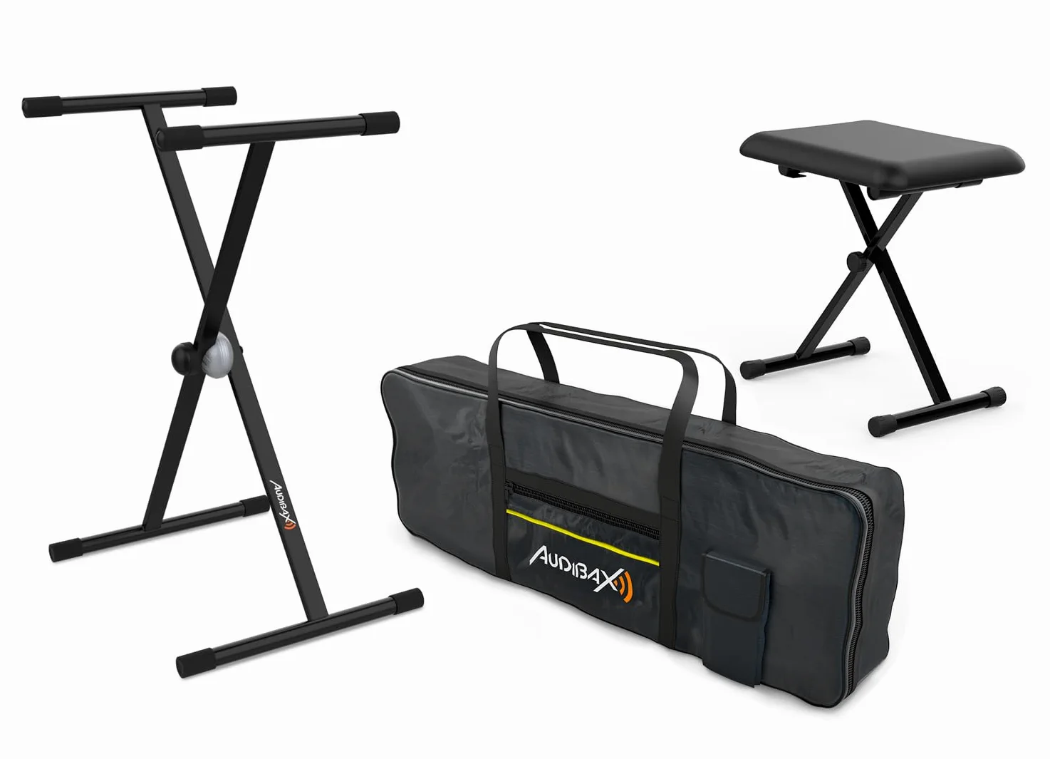 Audibax Onyx Pack - Supporto, Panca e Custodia per Pianoforti e Tastiere a 61 Tasti - Supporto Professionale a Forbice Singola + Panca Pieghevole per Pianoforte + Custodia per Pianoforte Digitale