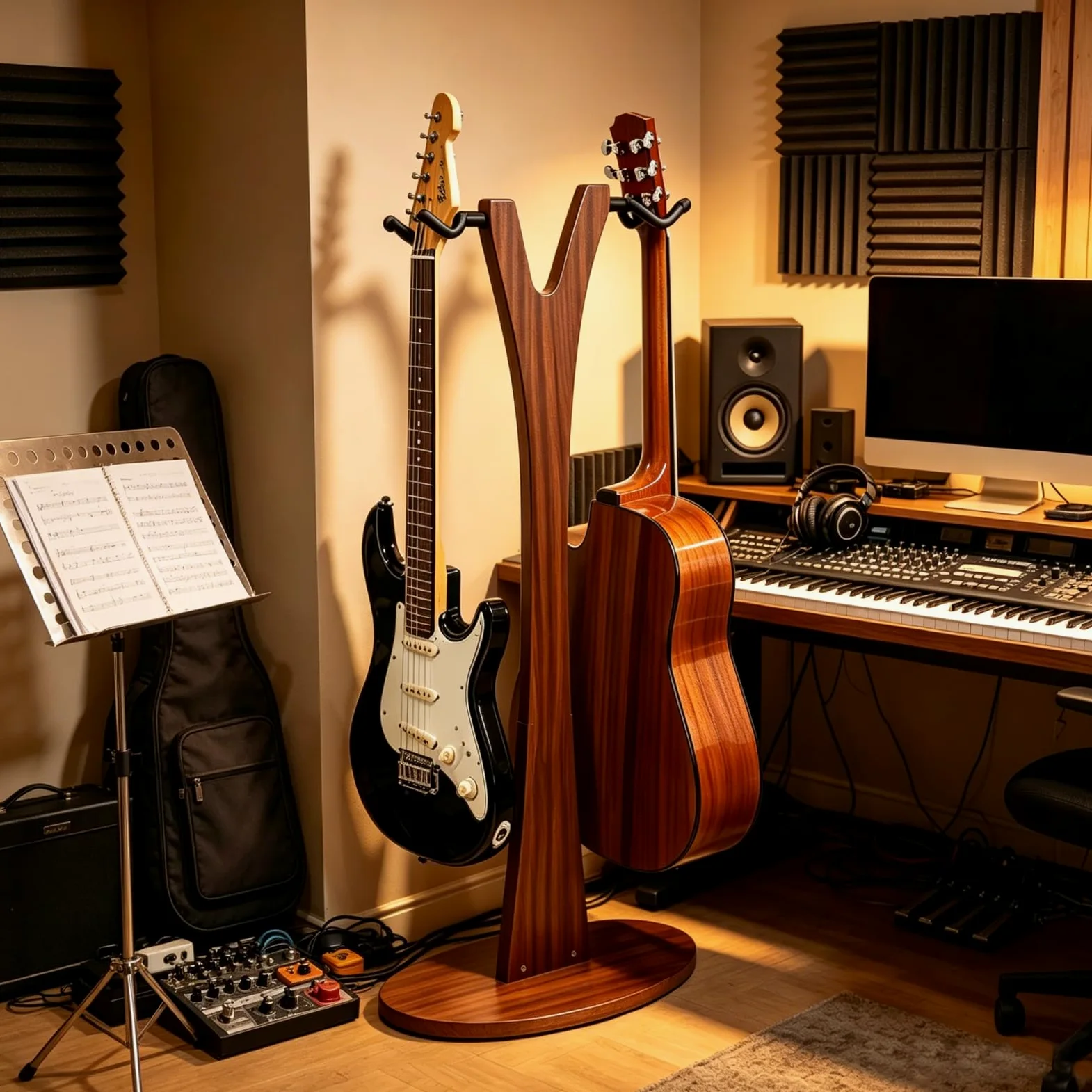 PUNK Doppio supporto per chitarra da pavimento, 2 supporti regolabili per chitarra, 2 supporti per chitarra acustica, elettrica, basso, supporto in legno per chitarre multiple, facile da montare (noce