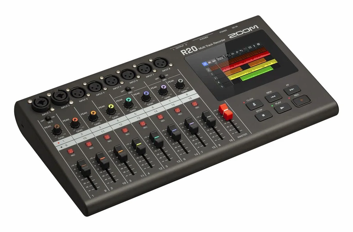 Zoom - R20 - Registratore da tavolo multitraccia, con touchscreen, editing integrato, 16 tracce, 6 ingressi XLR, 2 ingressi combo, effetti, synth, loop di batteria e interfaccia audio USB.