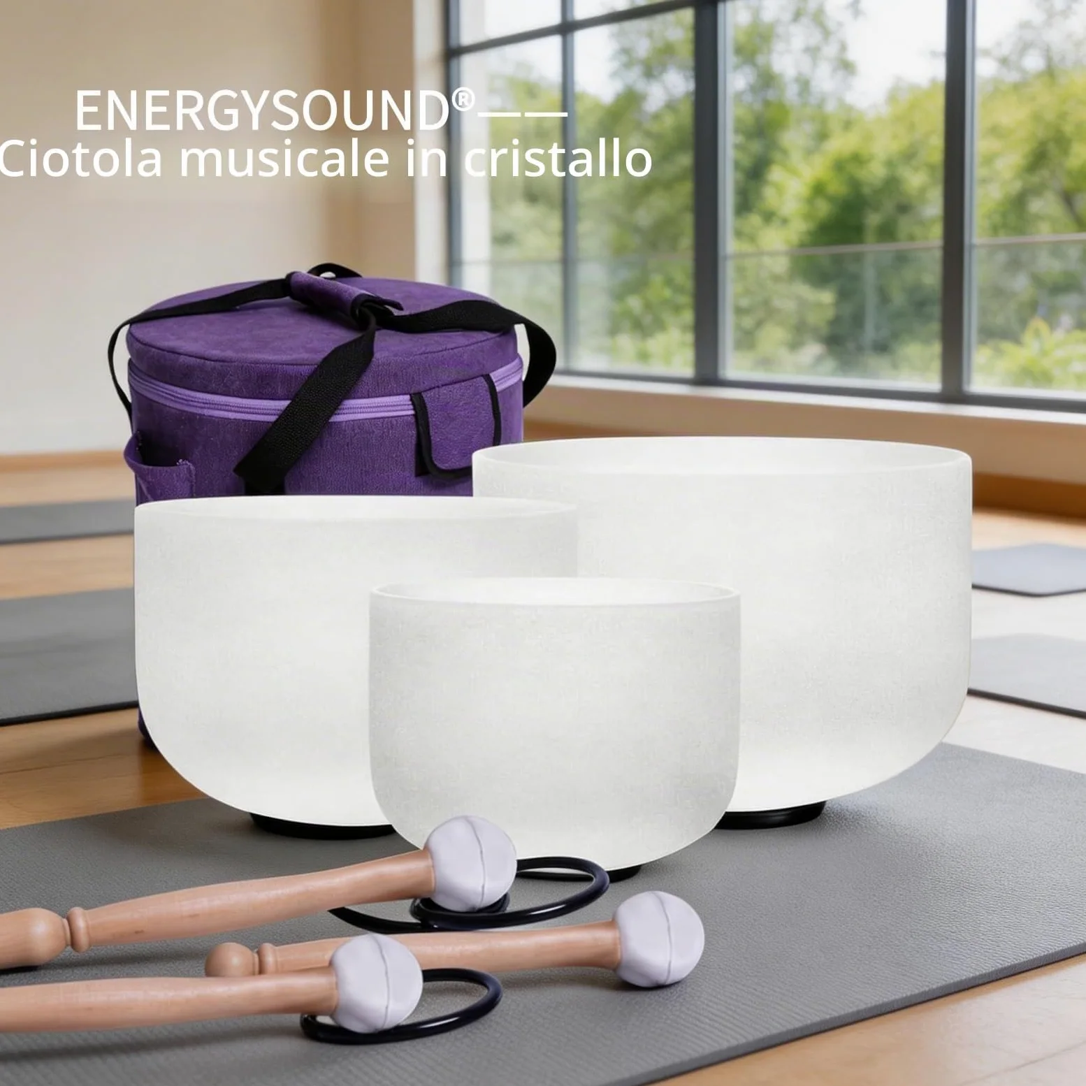 Energysoun - Set di 3 campane tibetane in cristallo di quarzo satinato, 432 Hz, 28 cm, F, 17,8 cm, B, con custodia in tela