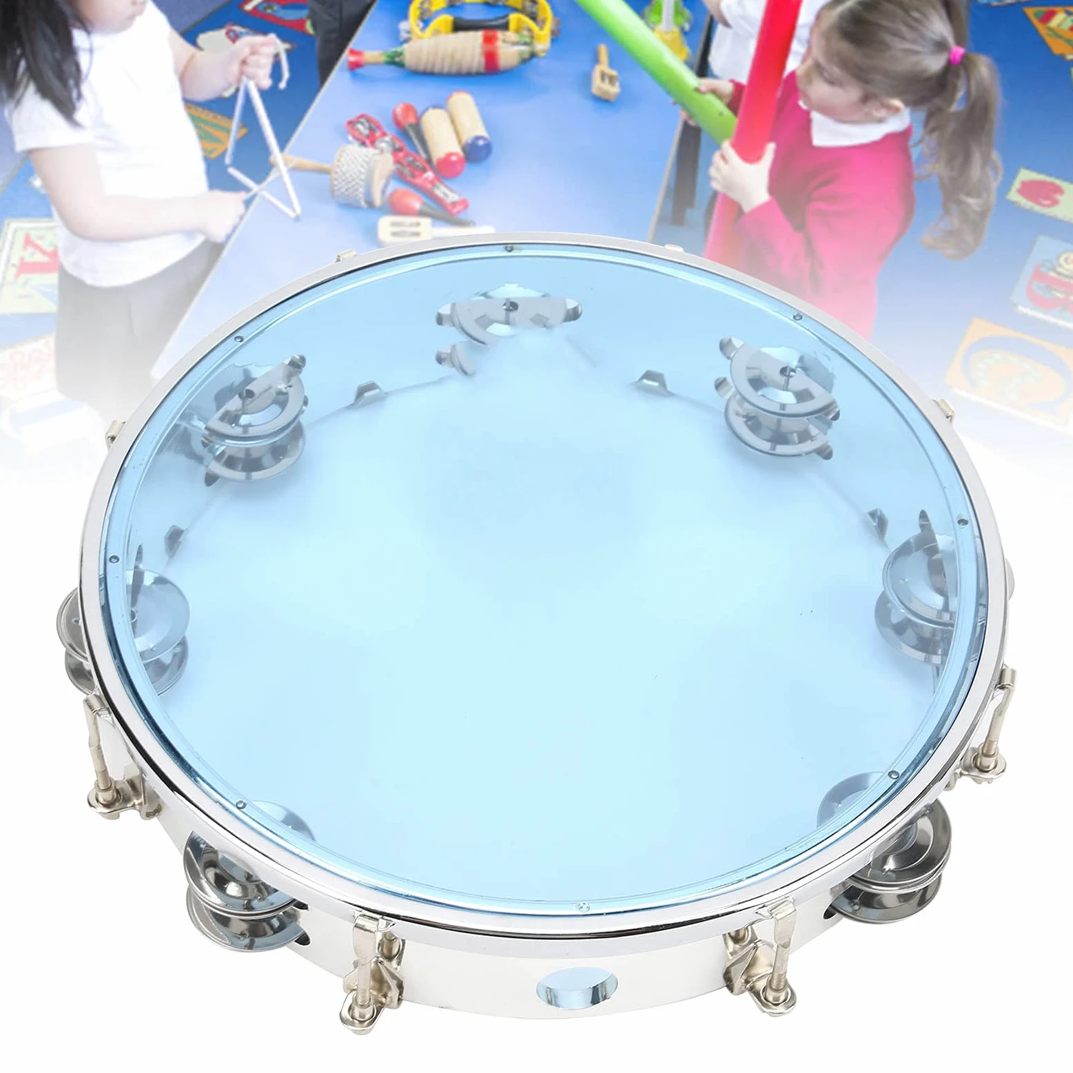 Tamburello per Adulti 10 Pollici Double Row Metal Jingles Strumento Musicale a Tamburo Educativo Tenuto in Mano per Giochi di Società(blu)