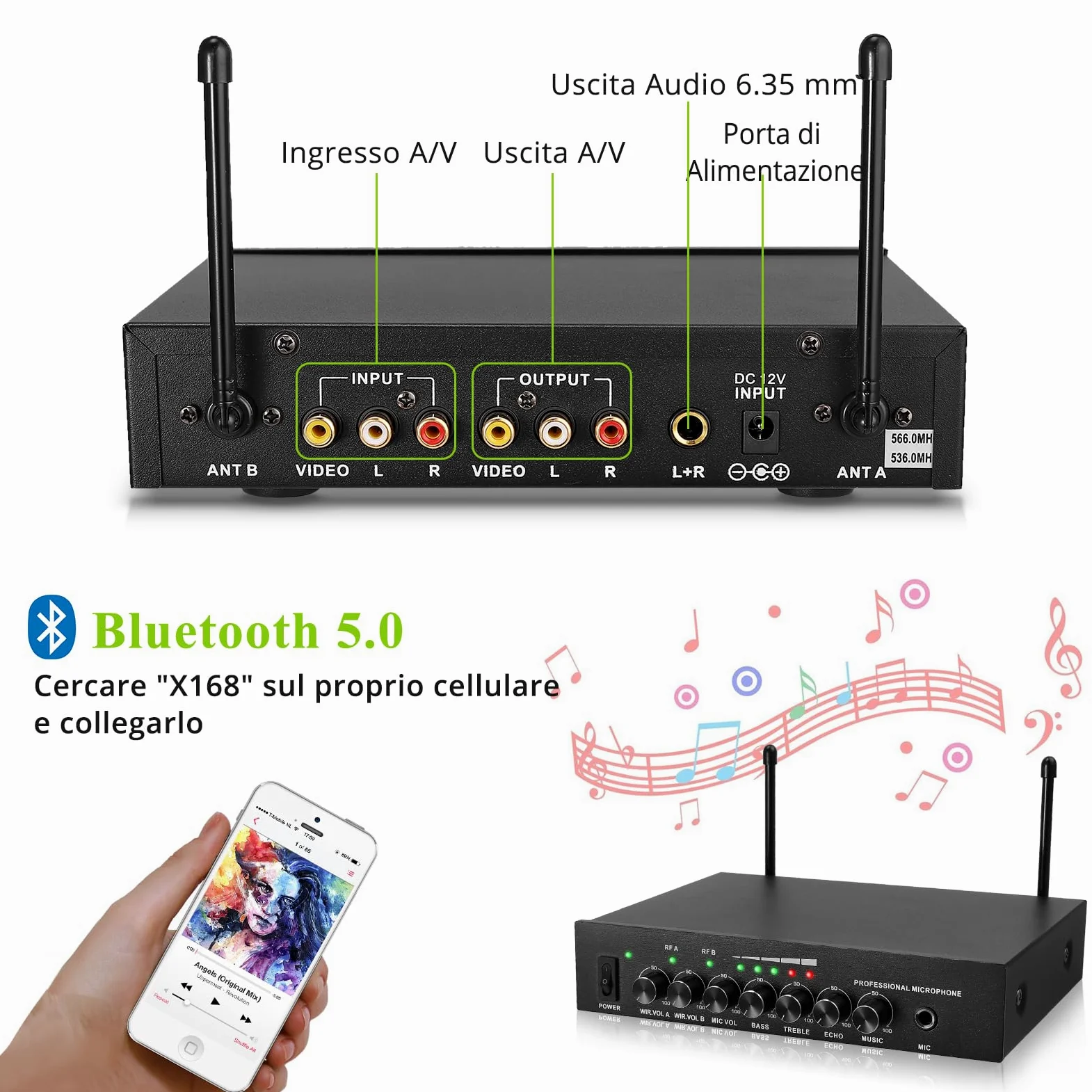 LiNKFOR Microfono Wireless UHF Ricaricabile Bluetooth 5.0 Doppio Microfono Portatile in Metallo, Ingresso/Uscita RCA, Uscita 6,35 mm Microfono Senza Fili per Macchina Karaoke, Mixer, Sound Bar
