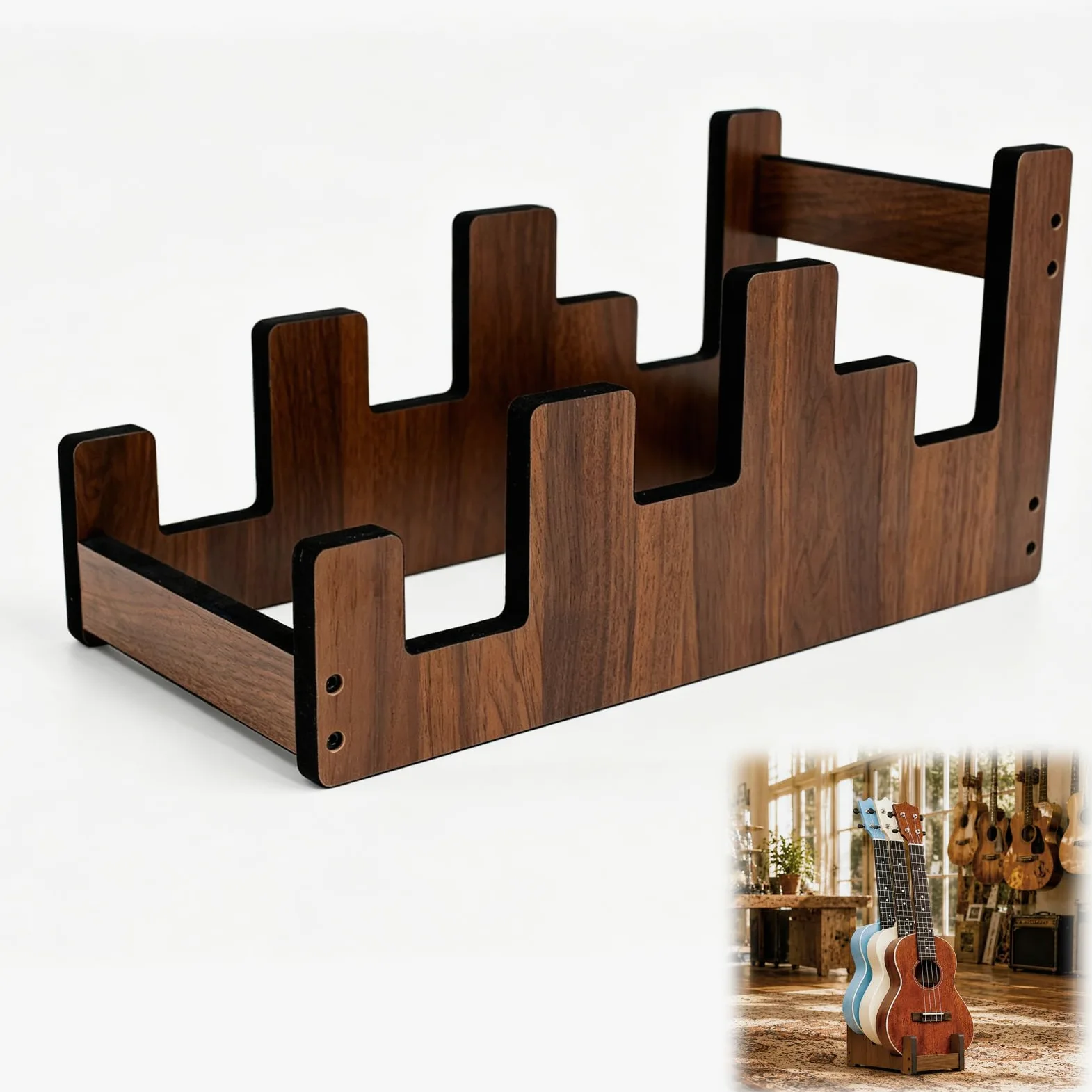 Supporto per chitarra in legno per 2 chitarre elettriche + 1 acustica | Legno massello, livelli scalati, ampia rientranza per chitarra acustica, imbottitura, antiscivolo, risparmio spazio