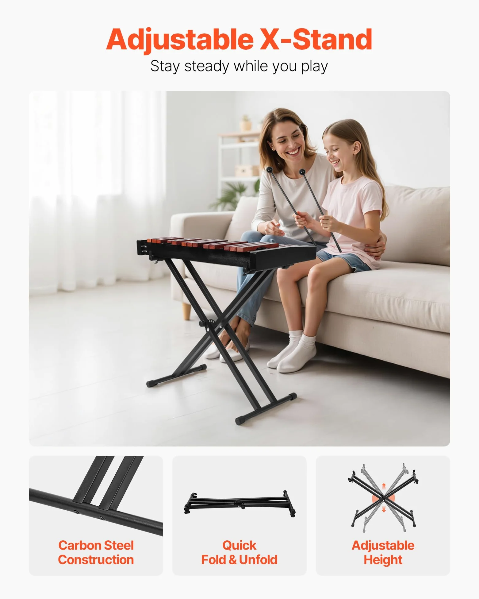 VEVOR Glockenspiel Diatonico Xilofono, 32 Note, Strumento a Percussione Professionale in Legno, con Supporto Regolabile in Altezza 4 Bacchette, Borsa per Trasporto, per Insegnamento Musicale