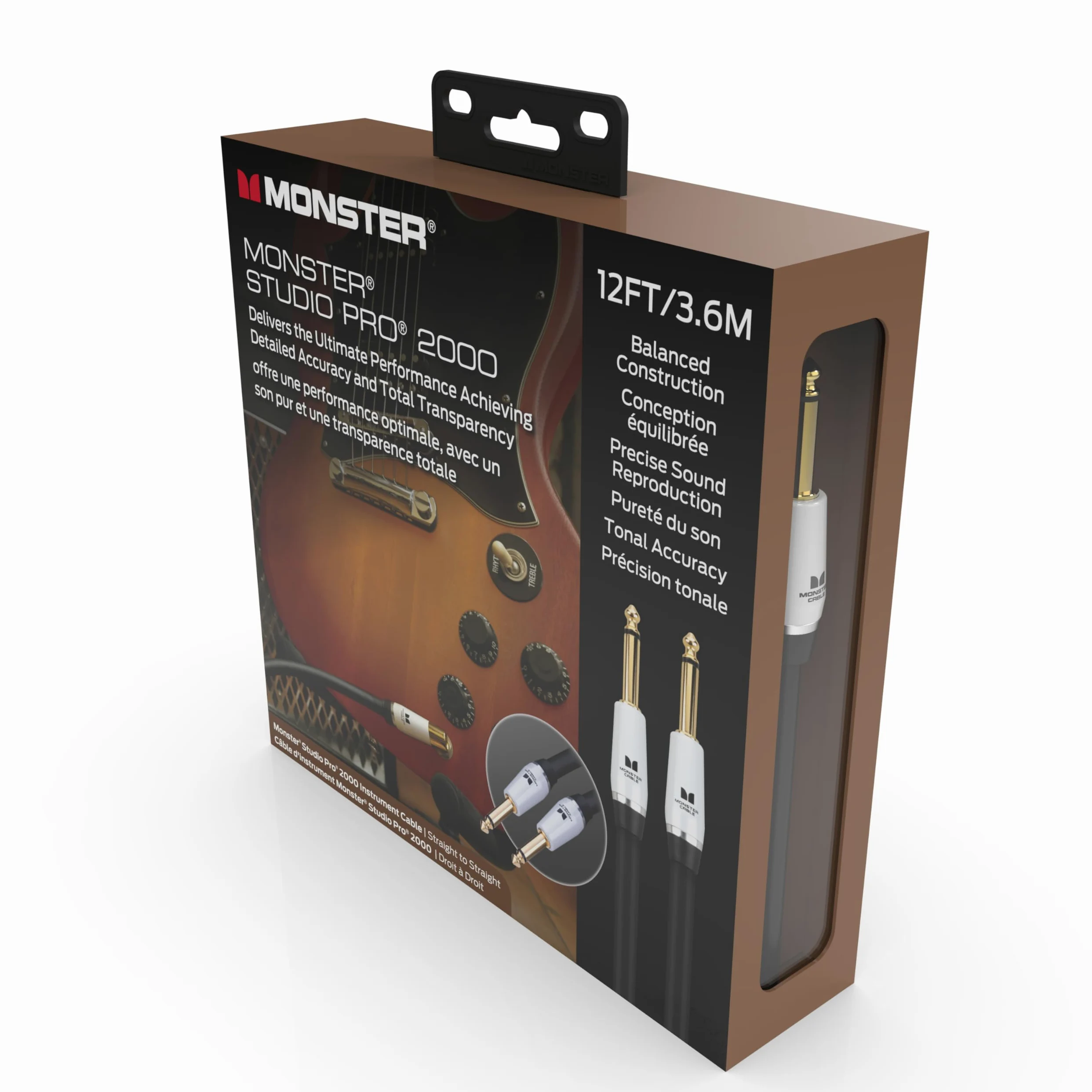 Monster Prolink Studio Pro 2000 - Cavo per strumenti da 3,7 m dritto a dritto, corda per chitarra elettrica intrecciata in rame 95%, rivestimento protettivo Duraflex con contatti in oro 24k