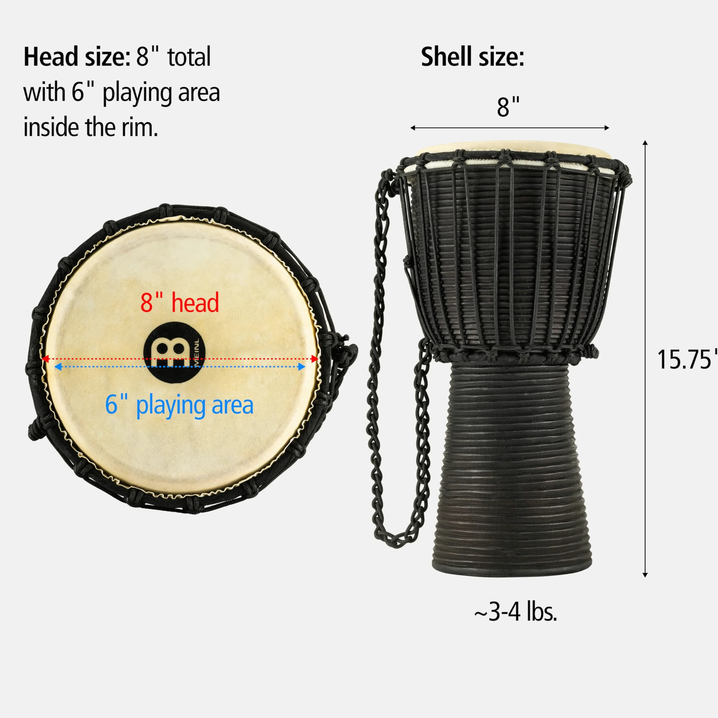 Meinl Percussion HDJ3-S, Djembe in legno, Serie Headliner/Black River, Tiraggio a Corde, Diametro 8", 20.32 cm, Misura S, Nero