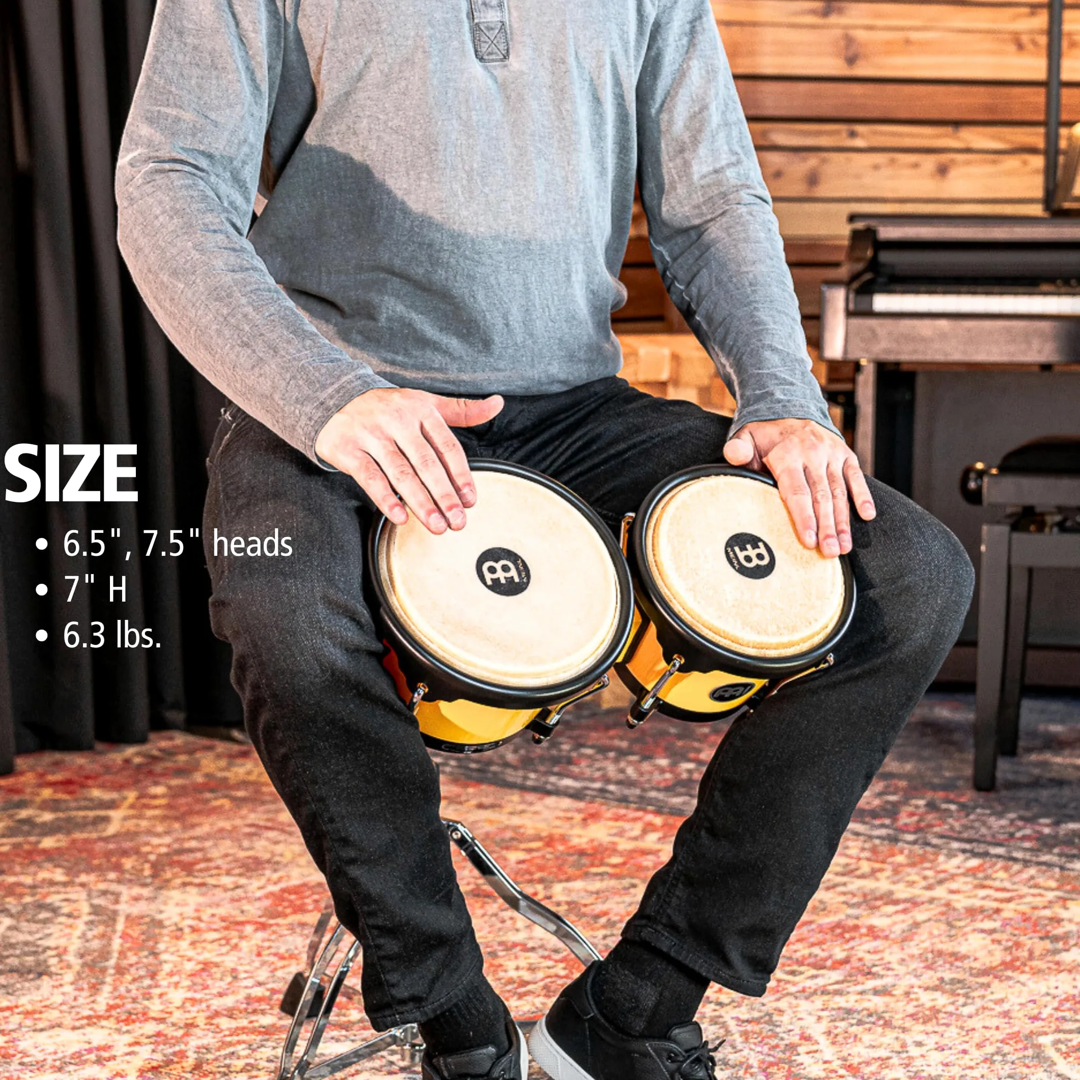 Meinl Percussion Bongos Journey Series - 2 Tamburi a Mano da 6.5 e 7.5 Pollici - Chiave Accordatura Inclusa - Plastica ABS, Yellow (HB50IY)