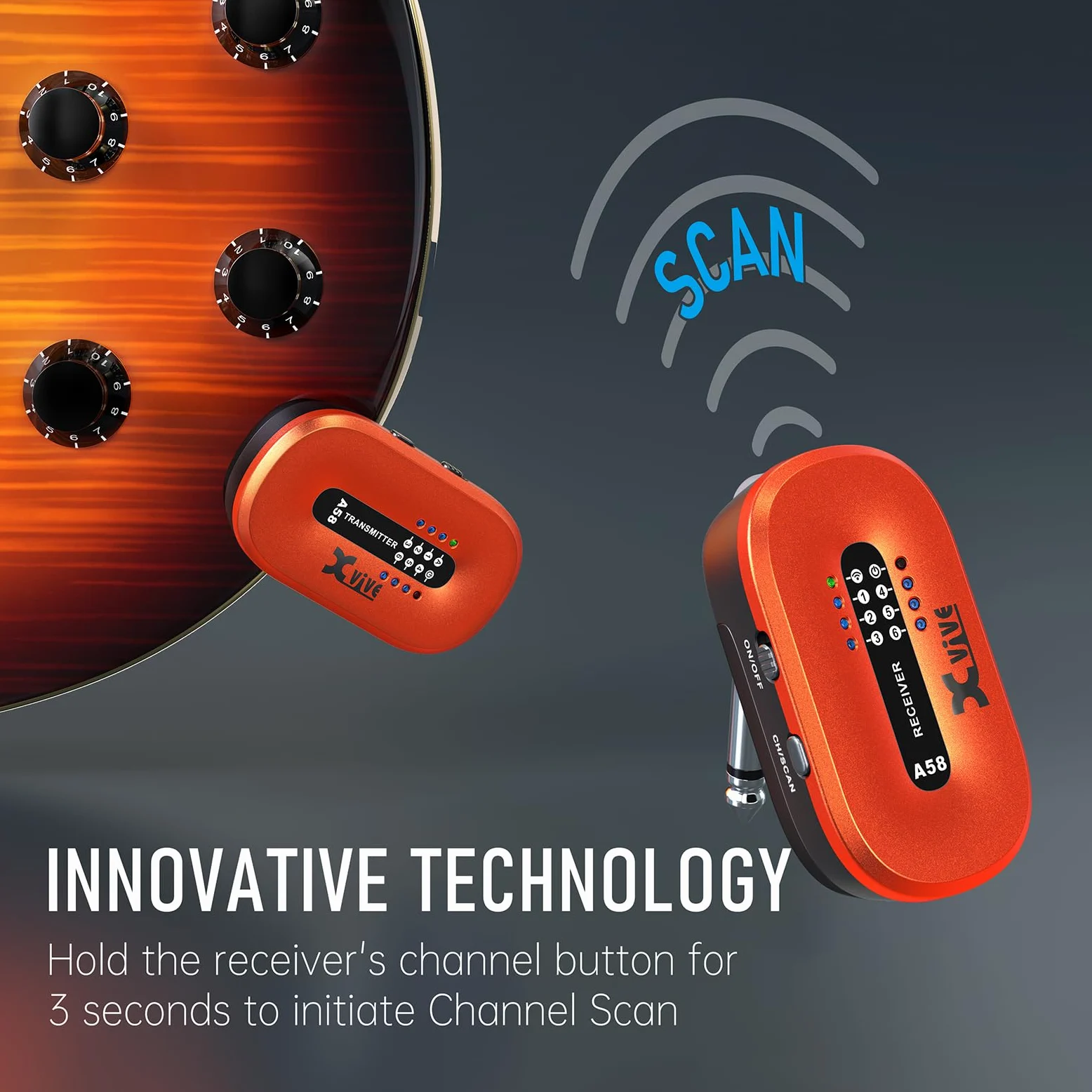 Xvive A58 - Sistema per chitarra wireless da 5,8 GHz, trasmettitore ricevitore per pickup attivo o passivo per basso elettrico/acustico, arancione