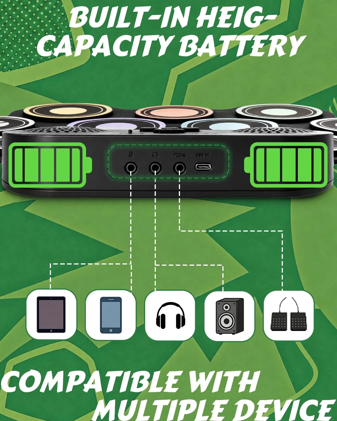 STRICH Batteria Elettronica, Tappetino Batteria Arrotolabile 9 Pad, Pad Portatile con Altoparlante Integrato, Pedali e Bacchette, 10 Ore di Riproduzione(SED-K10)