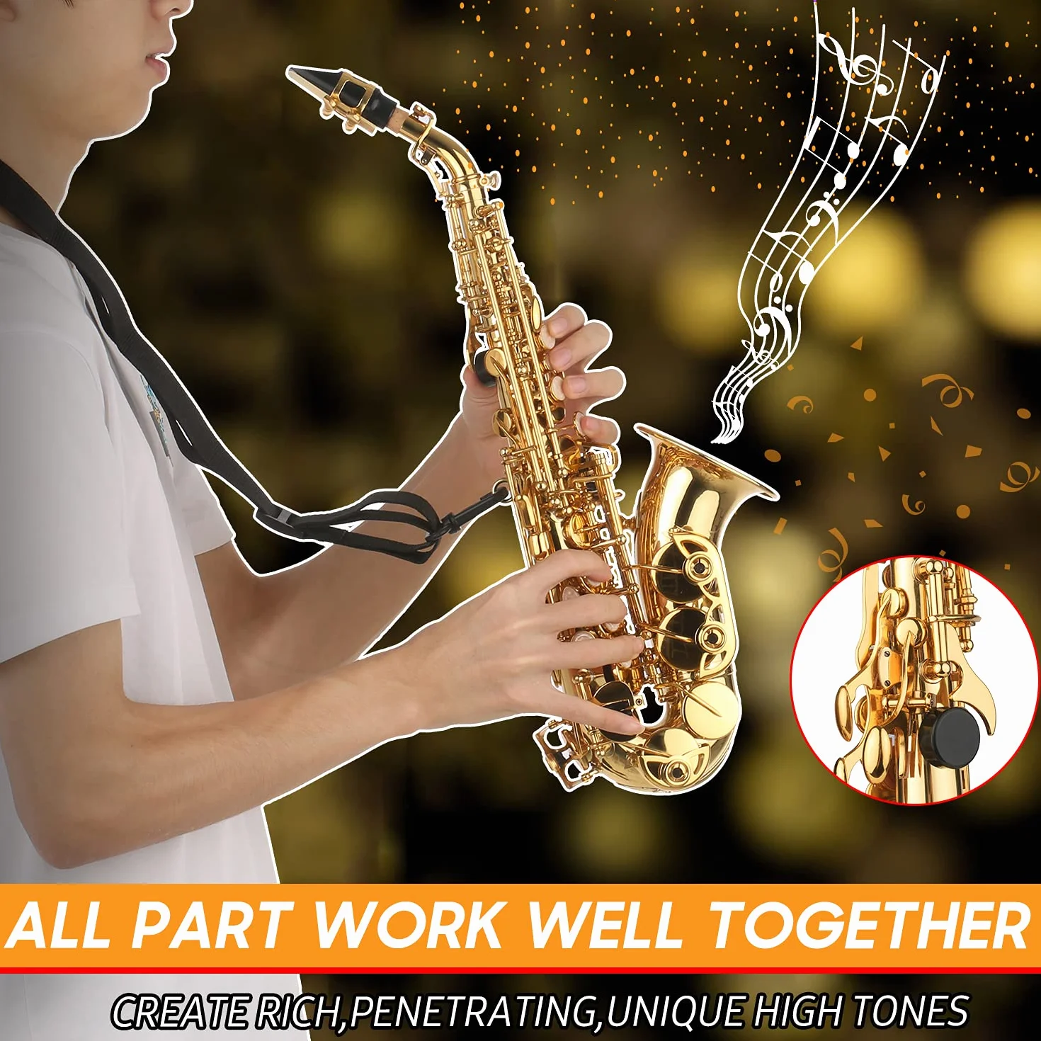 Sassofono Soprano in SIB Lacca Dorata Sax in Ottone con Custodia per Strumento Bocchino Tracolla per Panno Spazzola per Pulizia per Musicisti Principianti