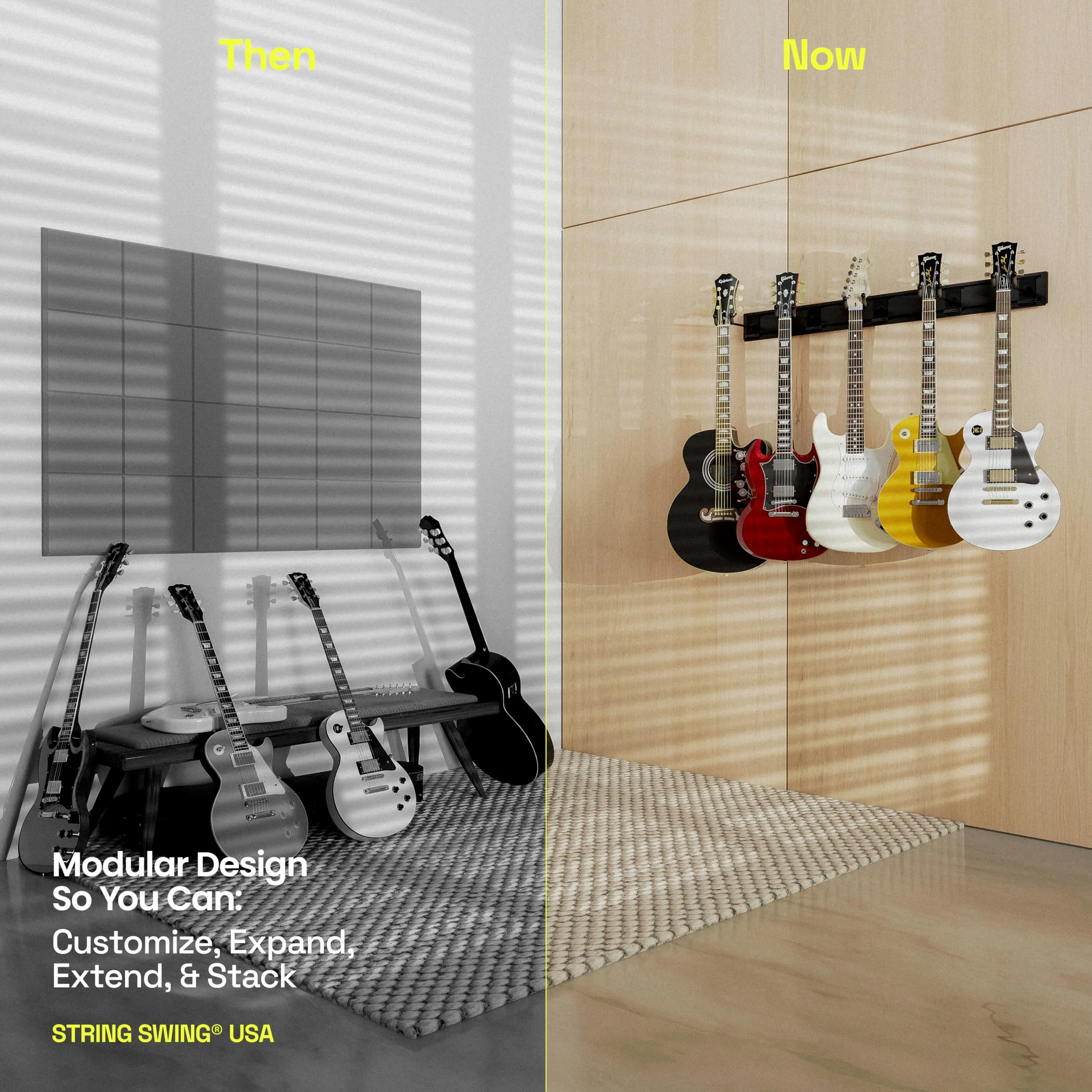 String Swing SW5RL-B-K - Supporto da parete per chitarra, con 5 ganci per chitarra e 1 supporto da parete resistente con venature nere