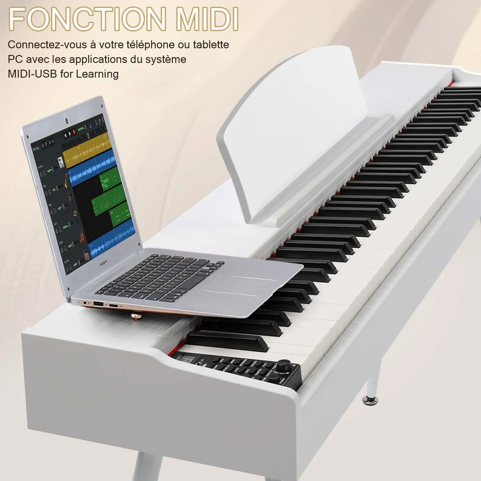 LALAHO E-Piano, pianoforte digitale a 88 tasti, per principianti, tastiera con 3 pedali, supporto a quattro zampe, doppio Bluetooth, altoparlante stereo, bianco