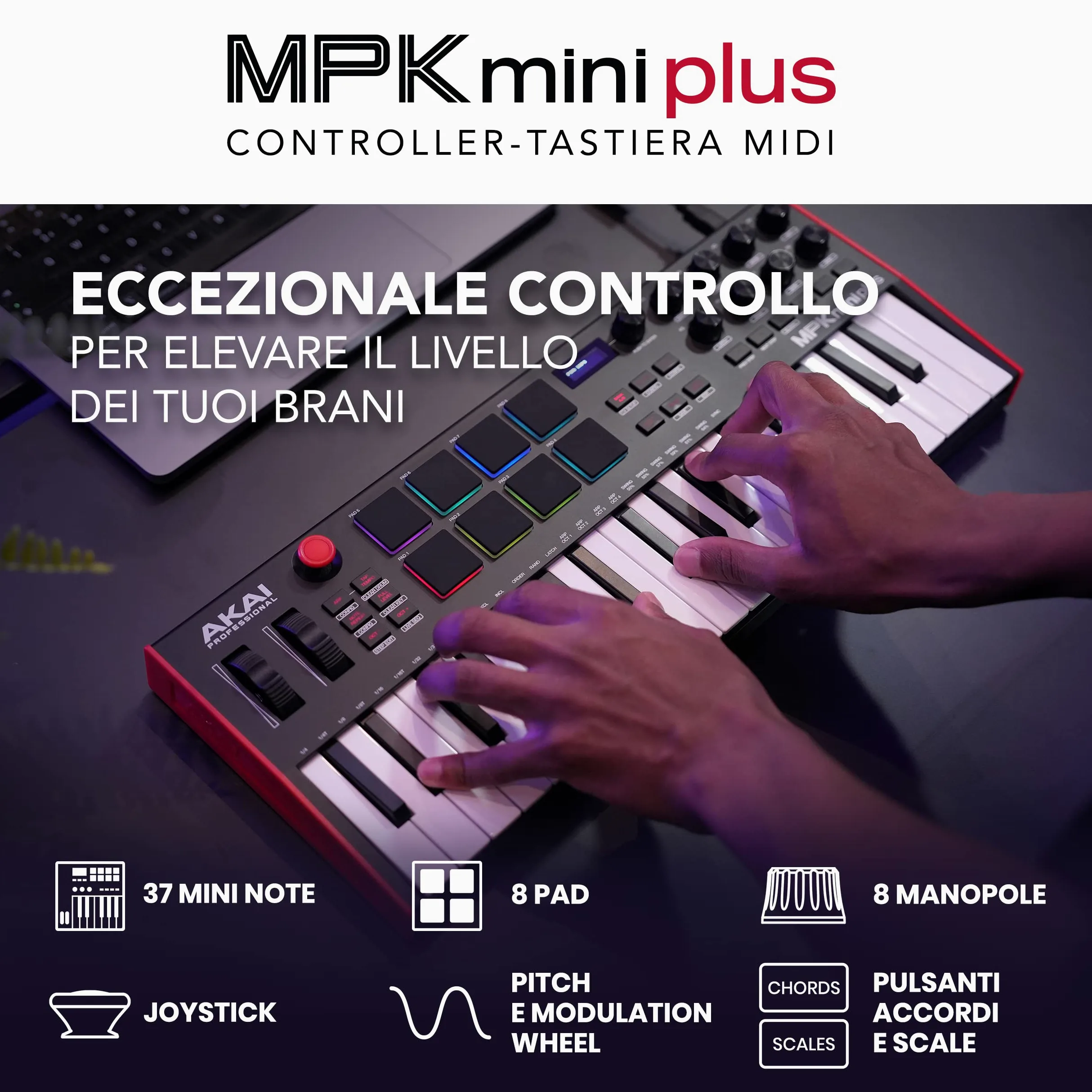 Akai Professional MPK Mini Plus - Controller Tastiera MIDI USB con 37 Mini Tasti, 8 Pad MPC RGB, Manopole Rotary, Software Musicale e Native Instruments Sound Package