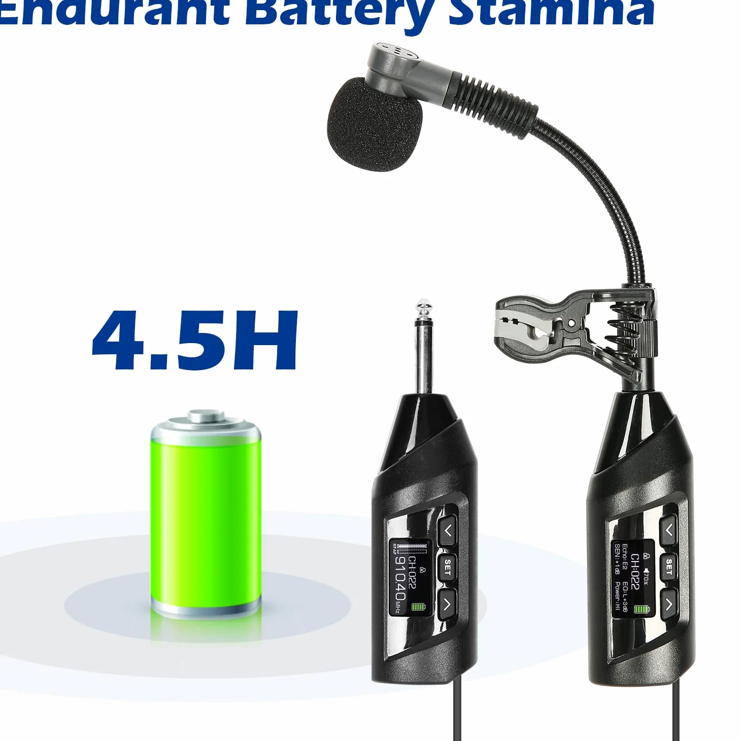 SGPRO microfoni wireless per sassofono, microfono a clip per sax e tromba, equalizzatore preimpostato e livello di eco, trasmissione da 5 m, ricaricabile, trasmettitore e ricevitore