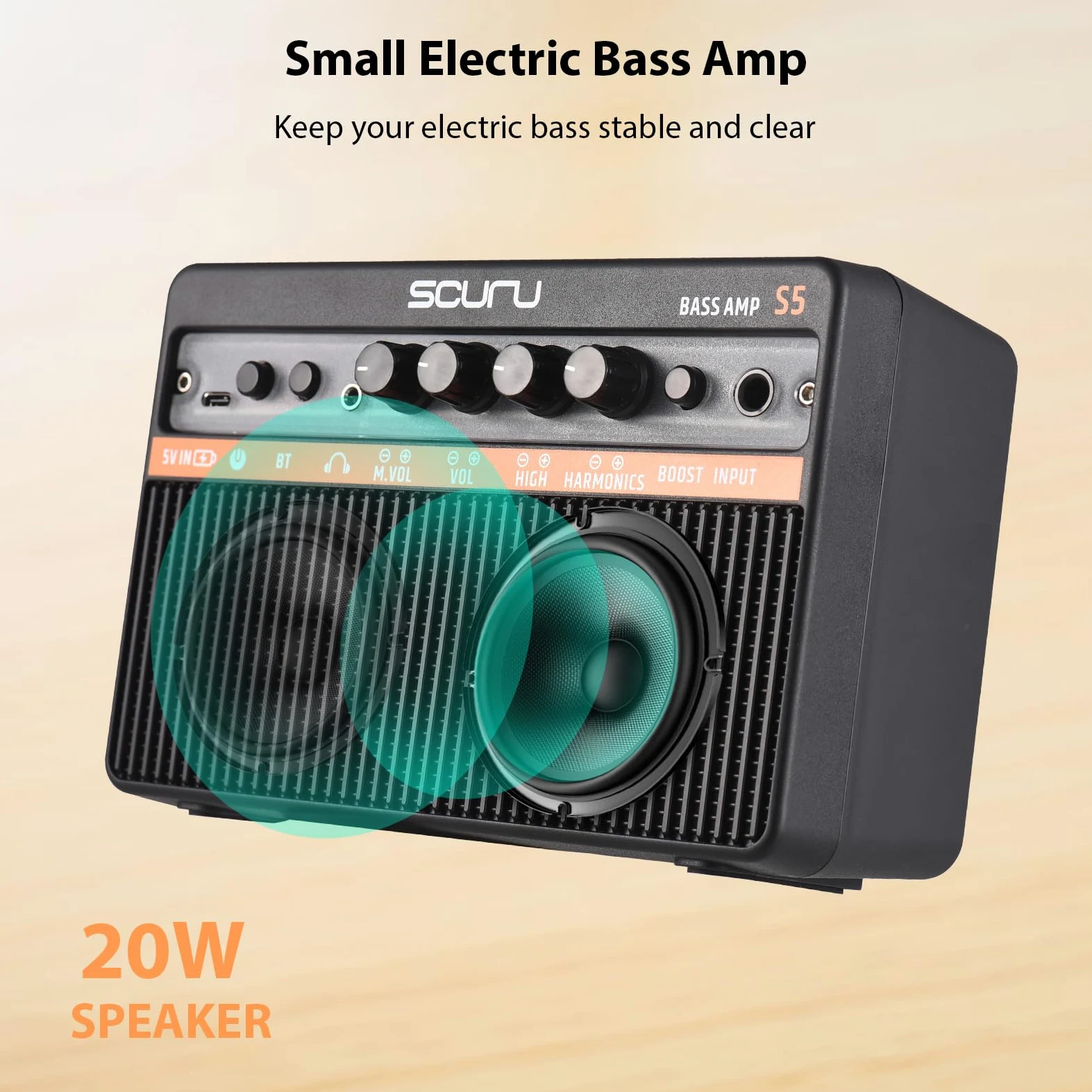 Btuty 20W Piccolo Basso Elettrico Amplificatore Portatile Basso Chitarra Pratica Altoparlante per Pratica Quotidiana Prestazioni di Strada Amplificatore Ricaricabile Supporta Connessione BT/Cuffia